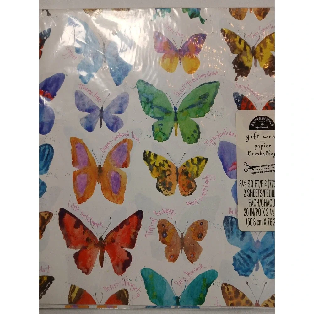 Vintage Butterfly Gift Wrap Paper Butterflies on White Watercolor 2 Sheets NEW‎